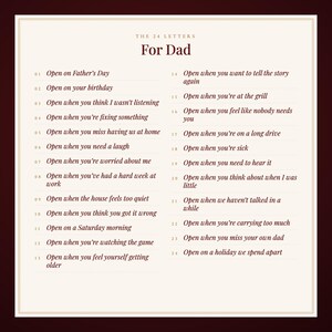 Op de afbeelding: Een cr&egrave;mekleurige kaart met de titel The 24 Letters For Dad, met een lijst van 24 genummerde aanwijzingen in donkerrode tekst. Elke regel geeft een specifieke gelegenheid aan om een brief te openen, zoals Open on Father's Day of Open when you're at the grill.