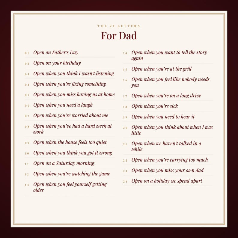 Op de afbeelding: Een cr&egrave;mekleurige kaart met de titel The 24 Letters For Dad, met een lijst van 24 genummerde aanwijzingen in donkerrode tekst. Elke regel geeft een specifieke gelegenheid aan om een brief te openen, zoals Open on Father's Day of Open when you're at the grill.