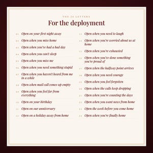 May include: A white rectangular card with dark red text titled The 24 Letters For the deployment. It lists 24 numbered prompts for opening letters, including Open on your first night away, Open when you miss home, and Open when you're finally home.