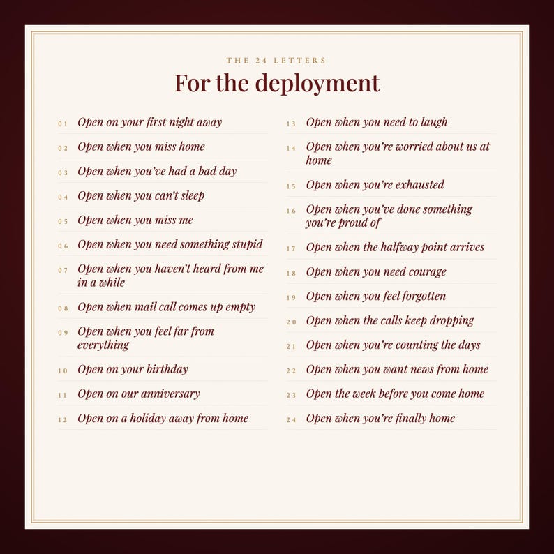 May include: A white rectangular card with dark red text titled The 24 Letters For the deployment. It lists 24 numbered prompts for opening letters, including Open on your first night away, Open when you miss home, and Open when you're finally home.