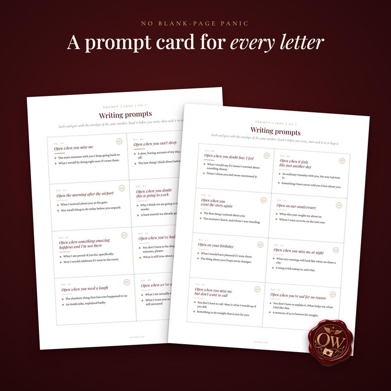 May include: Two white sheets of paper featuring writing prompts with the text No Blank-Page Panic and A prompt card for every letter. Each sheet contains numbered sections with specific writing topics and a red wax seal with the letters OW.