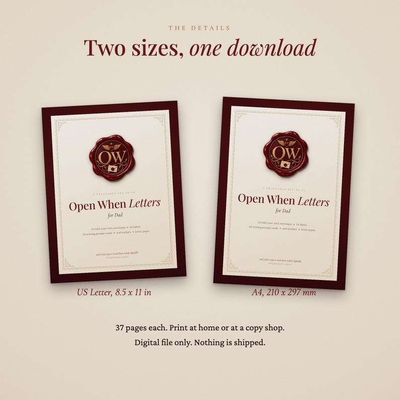 Op de afbeelding: Twee printbare digitale documenten getiteld Open When Letters for Dad, met een rode waszegelafbeelding met de letters OW. Het ene document is 8,5 x 11 inch, het andere A4, 210 x 297 mm. Elk bestand bevat 37 pagina's aan briefpapier.