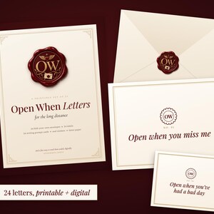 May include: A printable set of Open When Letters for long distance, featuring cream-coloured stationery with dark red text and accents. Includes envelopes with a red wax seal logo, cards labelled Open when you miss me and Open when you've had a bad day.