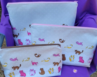 Zipper pouches, 3 different sizes,  'Caturday' fabric