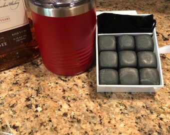 Whiskey Stone Gift Set - 9 Stones and Carry Bag in White Gift Box - Custom Laser Engraved and Personalized