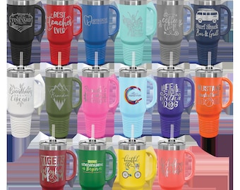 40 oz Polar Camel Insulated Handled Travel Mug Tumbler w/ Locking Lid and Straw - Powder Coated - Custom Laser Engraved and Personalized