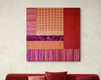 Home decor wall hanging, Contemporary art quilt in hand painted silk, Tapestry in  urple and orange colors, Desedamas, 51,5x52“ 132x130 cm