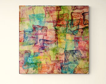 Unique contemporary quilt artwork in rainbow colors, Bright colorful cozy quilted wall art decor, Abstract fiber art decoration wall hanging