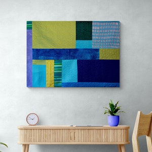 Contemporary quilted tapestry in blue and green, Marine original geometric quilt wall art, Statement modern design wall hanging home decor