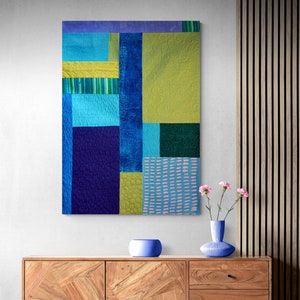 Art mural courtepointe géométrique : tapisserie moderne bleu-vert