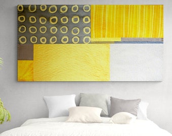 Yellow and gray textile quilted wall art, Gray and mustard contemporary wall hanging decor,  Abstract modern japandi art quilt tapestry