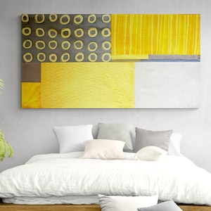 Yellow and gray textile quilted wall art, Gray and mustard contemporary wall hanging decor,  Abstract modern japandi art quilt tapestry