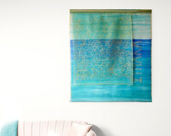 Unique home decor abstract seascape wall hanging art in blue, Bojagi silk painted korean curtain, Bright artistic wall art decor jogakbo
