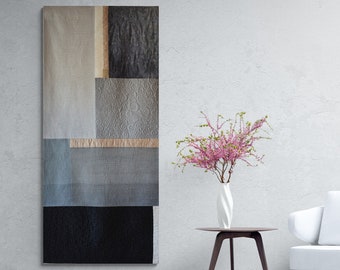 Japandi Quilted Wall Art: Gray & Black Silk Textile Tapestry