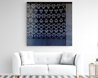 Black and gray organza shibori bojagi wall hanging, Korean jogakbo pojagi room divider screen, Geometric monochrome translucent wall art