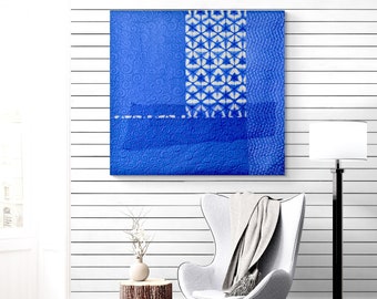 Indigo blue modern quilt wall art, Shibori wall hanging quilt, Geometric quilted wall art, Contemporary textile art, Bold wall art for home