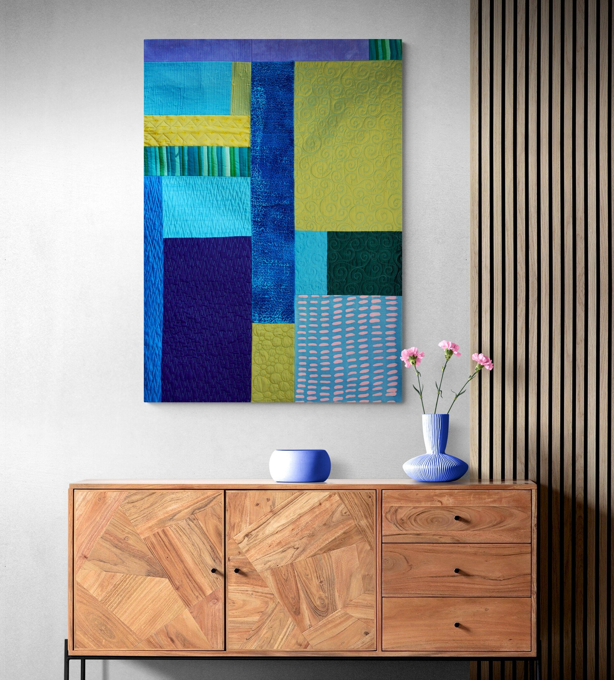 Marine original geometric quilt wall art, Statement modern design wall hanging home decor, Contemporary quilted tapestry in blue and green,