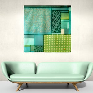 Geometric blue green bojagi, Blue wall hanging art, Abstract wall pojagi, Silk organza bojagi, Silk painted jogakbo, Silk korean screen