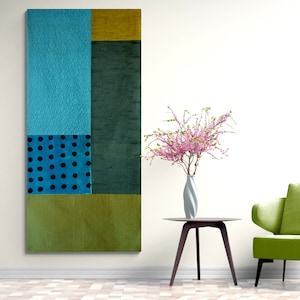 Unique original quilt art wall hanging in blue and green, Large japandi textured tapestry for wall decor, Modern minimalist art wall decor