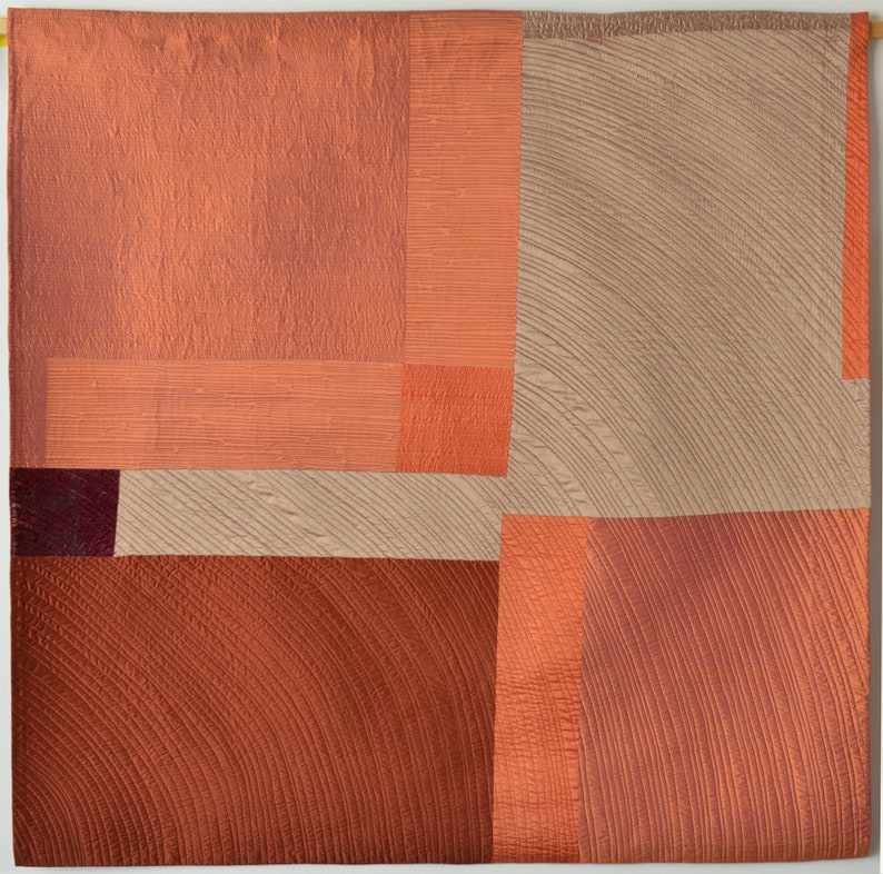 Burnt Orange Quilted Wall Art: Modern Geometric Silk Textile image 2