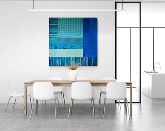 Blue Silk Quilt Art: Textured Modern Wall Hanging, Ocean Colors