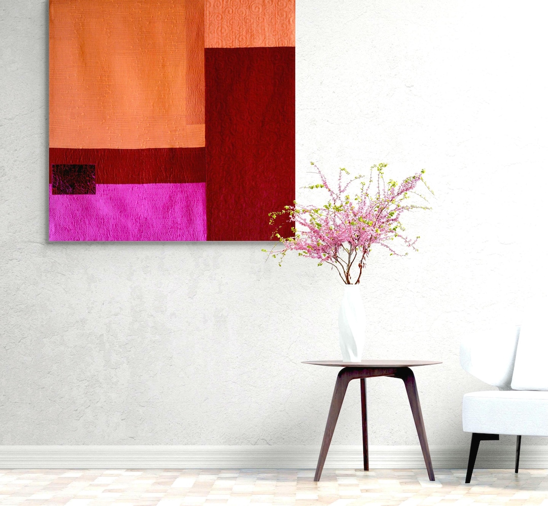 View of Minimalist Textile Contemporary Wall Art Tapestry in Purple and Orange ...
