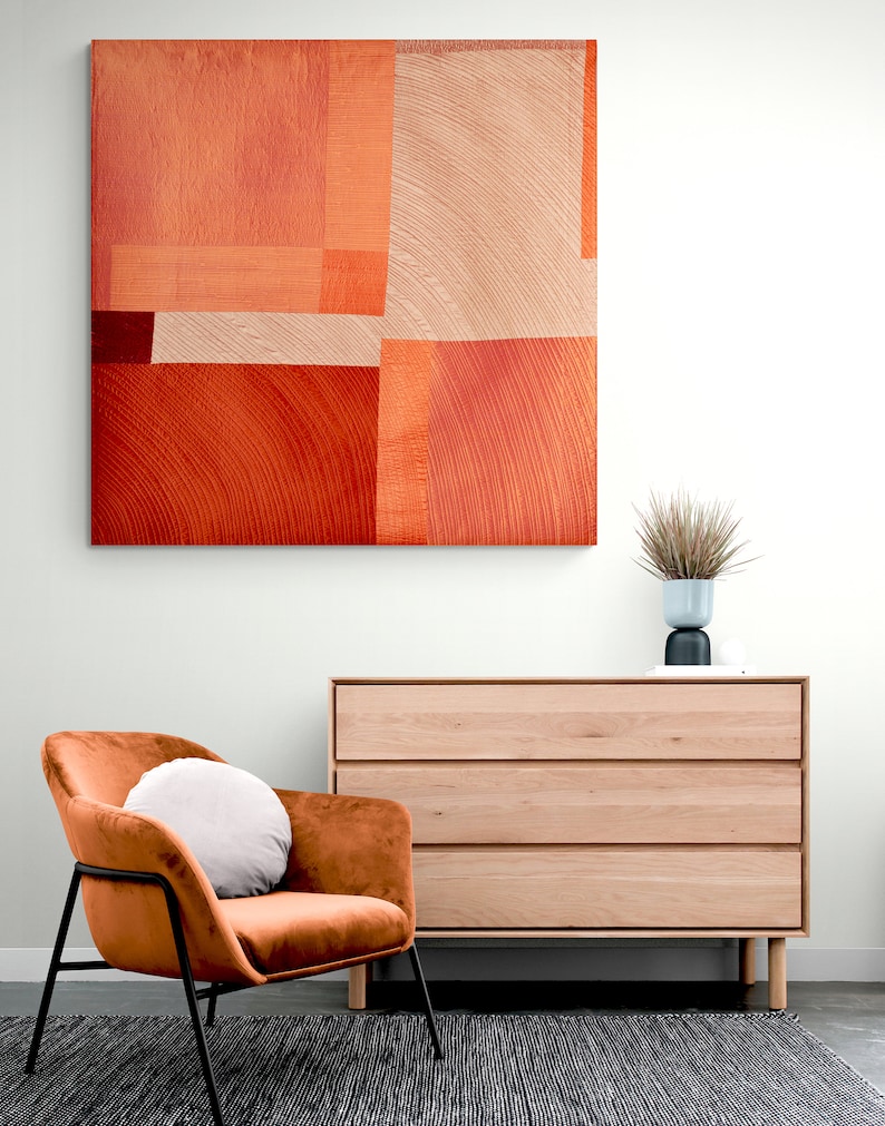 Burnt Orange Quilted Wall Art: Modern Geometric Silk Textile image 4