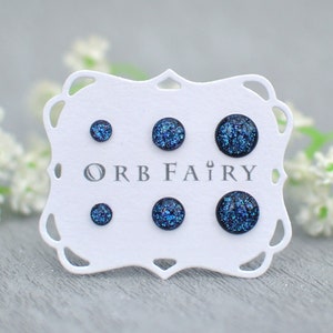 Cosmic blue dichroic resin earrings, blue 4mm 6mm 8mm size studs, iridescent galaxy jewelry, hypoallergenic stainless steel studs