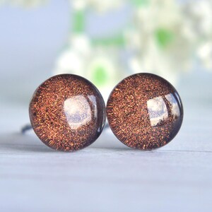 May include: A pair of round stud earrings. Each earring is a dark brown, glittery sphere with a reflective surface. The earrings are set against a soft, blurred background with white flowers.