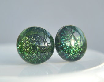 Moss green stud earrings, glass earrings, sparkly green earrings, hypoallergenic stainless steel studs, natural green jewellery