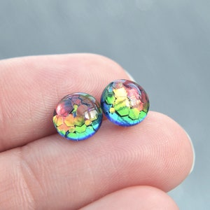 Phoenix rainbow colour shifting stud earrings, glass earrings, make a set, hypoallergenic stainless steel studs