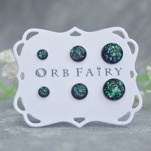 Cosmic green resin earrings, 4mm 6mm 8mm resin studs, pair or set, galaxy inspired dichroic resin jewellery, hypoallergenic jewelry