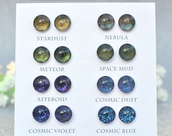 Mix & match earring set, Cosmic galaxy stud earrings, make a set, 8mm glass earrings, galaxy earrings, hypoallergenic stainless steel studs