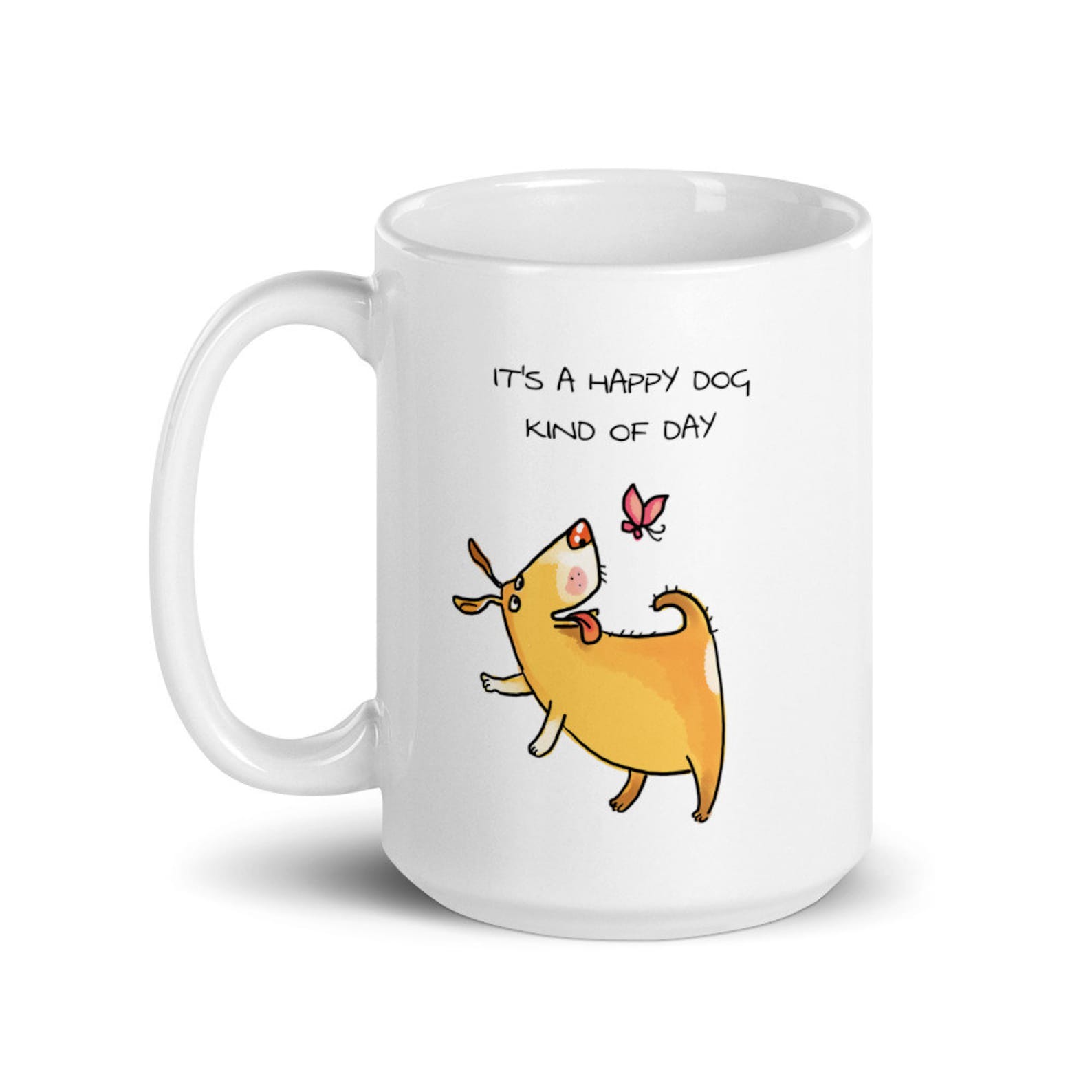 Cute Dog Mug, Funny Dog Mug, Happy Dog & Butterfly Mug, Happy Mug