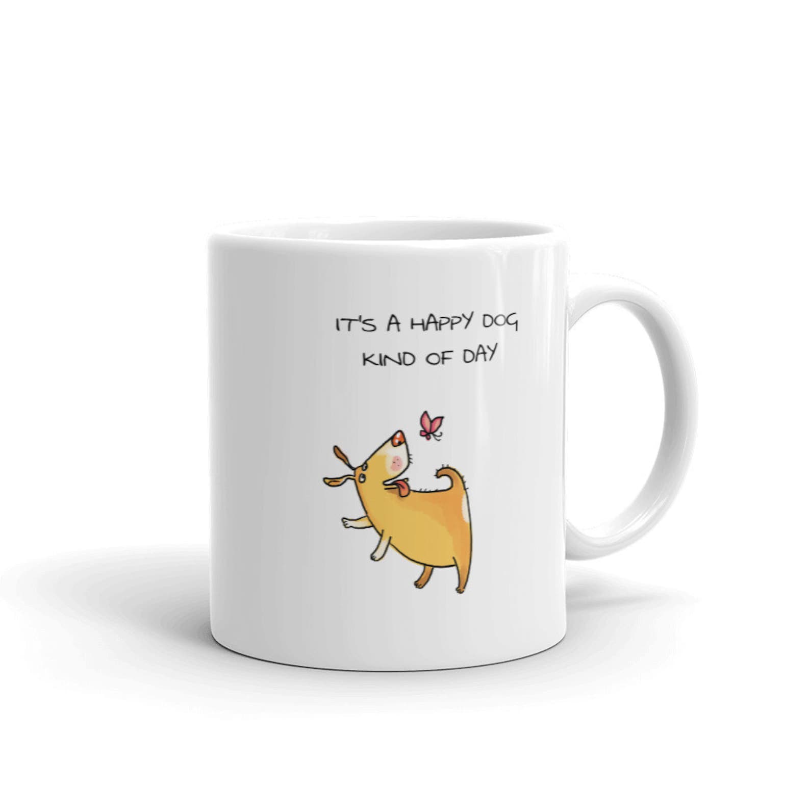 Cute Dog Mug, Funny Dog Mug, Happy Dog & Butterfly Mug, Happy Mug
