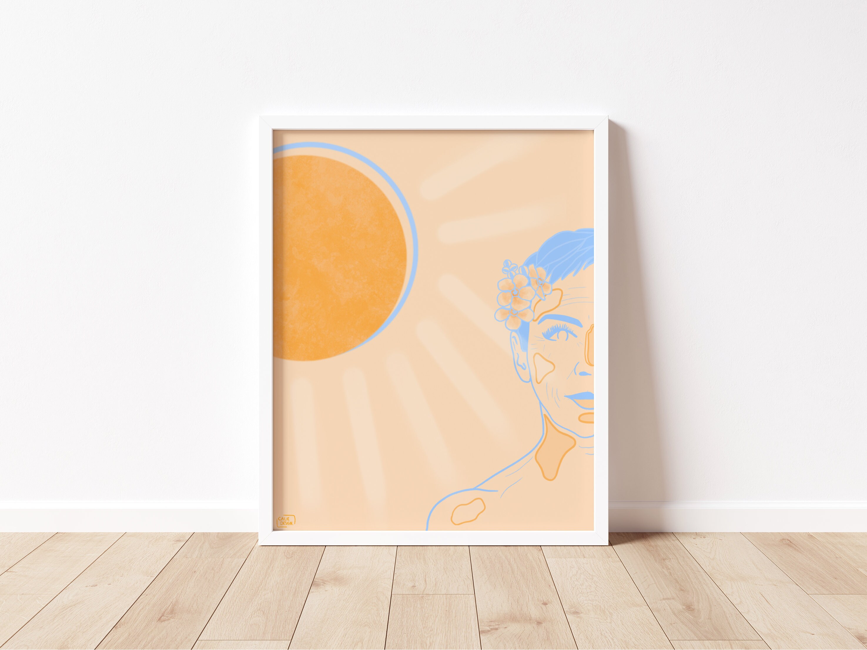 Illustration Poster Femme Cheveux Court Couronne de Fleurs Soleil Bohème à Offrir