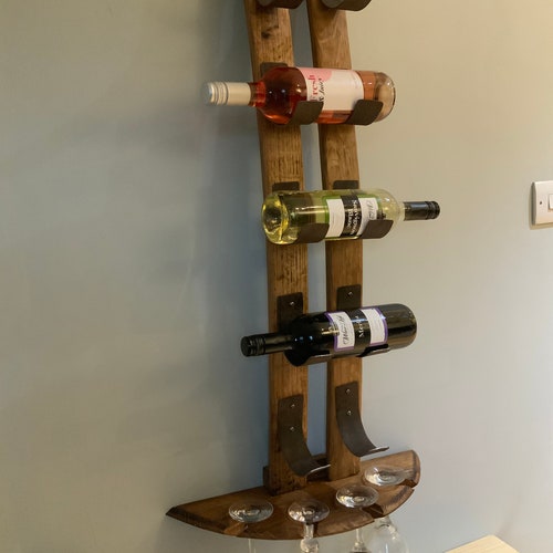 Reclaimed Oak Barrel Stave Wine Bottle & Wine Glass Holder Great Gift 