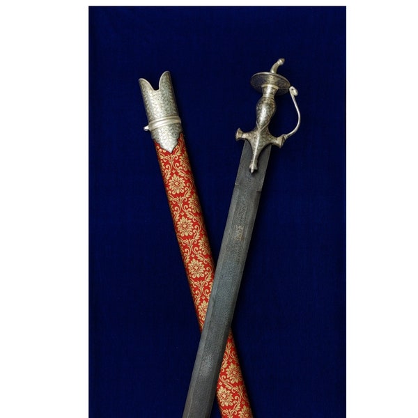 Damascus Khanda Sword, with brocade cloth scabbard, khanda talwar , Punjabi talwar, silver koftgiri hilt and accessories, free shipping