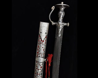 Hand Chiseled Hilt and Scabbard Silver Calligraphy sword with katori Hand chiseled handle, handmade scabbar, damascus steel teeth blade.