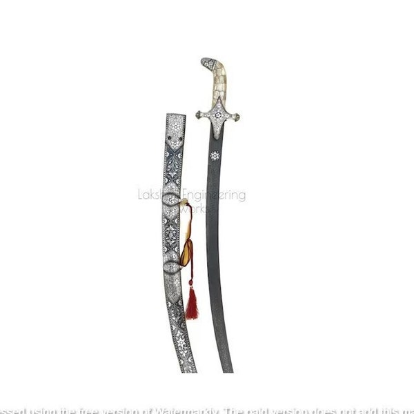 KILIJ HEAD, ARABIAN silver calligraphy scabbard sword, damascus steel blade, Free Shipping.