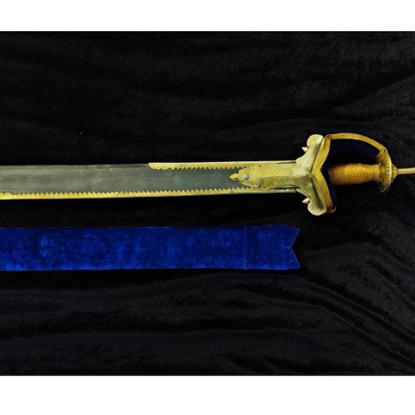 ROYAL INDIAN KHANDA sword, traditional sword, brass stripes on blade, velvet scabbard, cushioned grip, basket hilt sword with brass stripes
