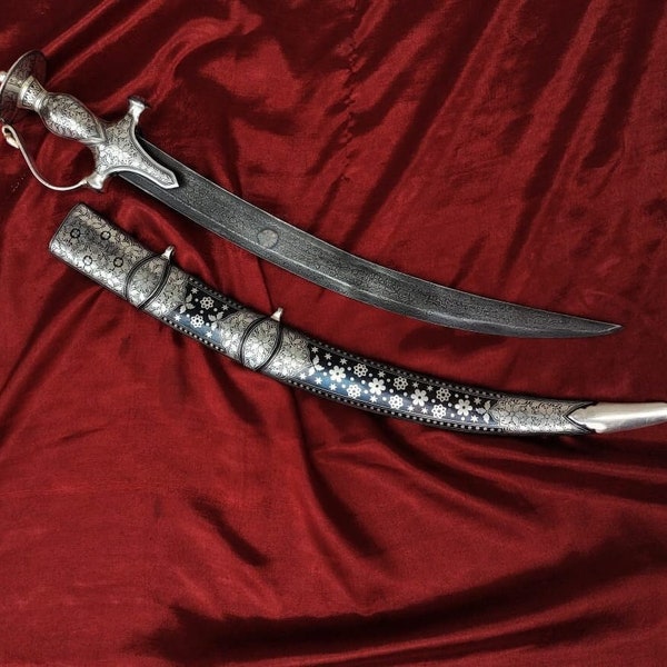 2 feet Damascus Steel blade, Silver Work & koftgiri Sword, katori handle sword, metal koftgiri scabbard, free shipping.