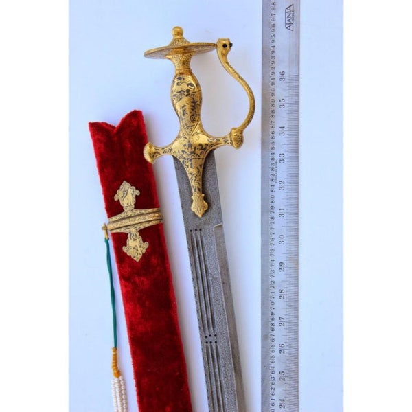 GOLDWORK SWORDS -pure gold calligraphy sword-with  damascus steel blunt blade- rajput-antique forged sword-handmade -free shipping-order now
