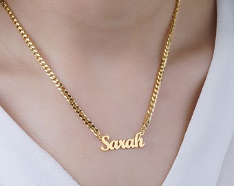 Dainty Name Necklace - Cuban Chain Name Necklace - Gold Name Necklace - 14k Solid Gold Name Necklace -  Mothers day gift