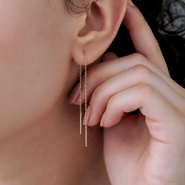 14K massief gouden Threader earring , Long Treader earrıng , chain threader earring , Moederdag cadeau