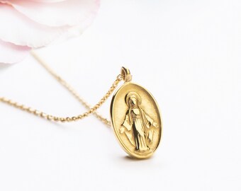 Dainty Virgin Mary Necklace, 14K Gold Filled Religious Necklace Gold Miraculous Medal Necklace Pendant