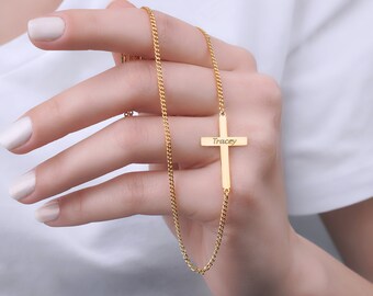 Sideways Cross Necklace - Personalized Cross Necklace - Gold Cross Necklace - Silver Cross Necklace -  Baptism Gift -  Gift for Women