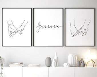 Pinky Promise Art, Above Bed Decor, Pinky Swear Print, Couple Holding Hands, Hands Line Art, 3 Piece Wall Art, Hands Drawing, Printable Art