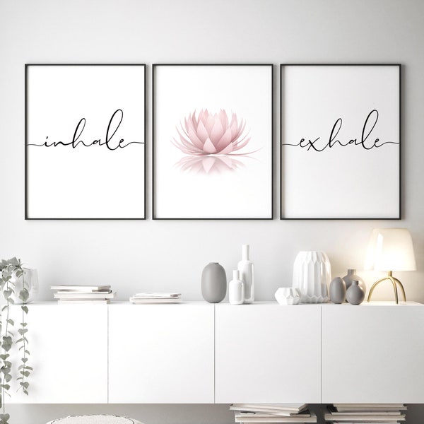 3 Œuvre Wall Art, Inhale Exhale Print, Pink Lotus Flower, Above Bed Decor, Aesthetic Wall Art, Zen Wall Art, Lotus Flower Poster, Blush Pink