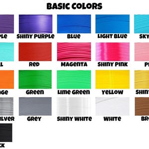 May include: A color chart displaying various basic colors, including purple, blue, red, green, and yellow. Each color is labeled with its name, such as "Shiny Purple," "Sky Blue," and "Shiny Gold." The text "BASIC COLORS" is at the top.